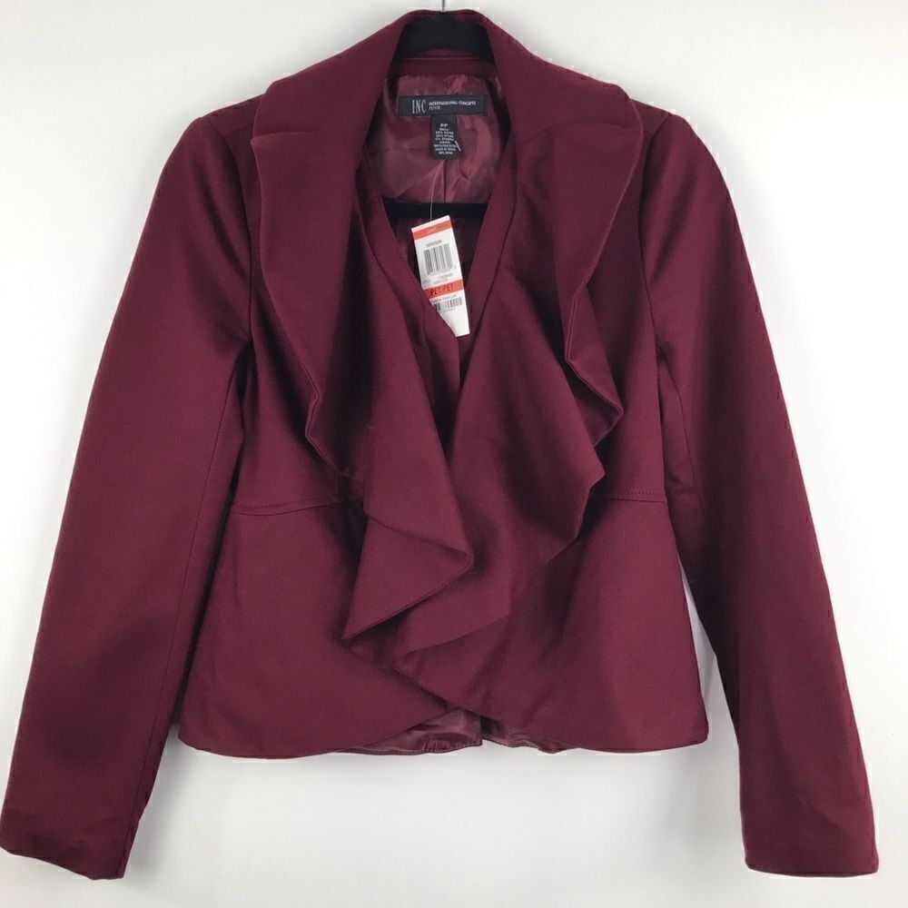 INC International Concepts Maroon Ruffle Front Lined Jersey Knit Blazer NEW